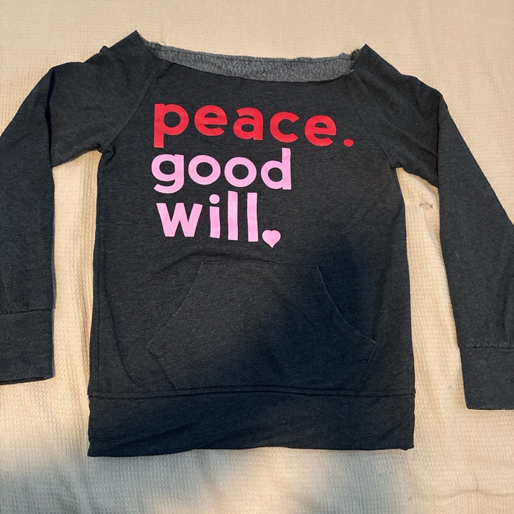 Womens off the shoulder sweatshirt Charcoal Gray Graphic holiday peace goodwill